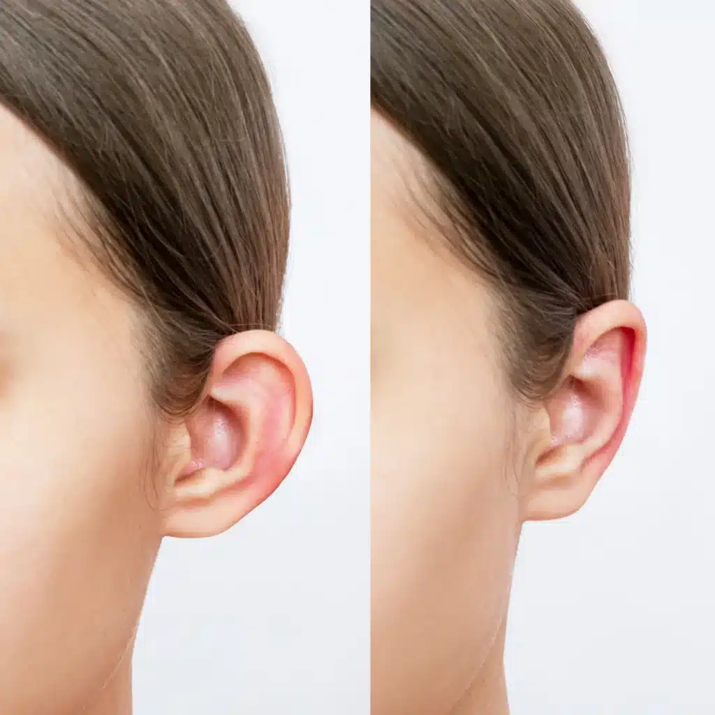 Comparativo antes e depois de uma otoplastia mostrando a correção da orelha de abano e o resultado estético natural após a cirurgia.