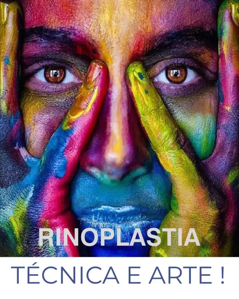Rinoplastia artística e técnica cirúrgica – rosto com pintura colorida simbolizando harmonia estética e precisão na cirurgia nasal